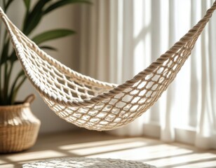 Obraz premium Decorative mini hammock with rope detail, suspended and empty