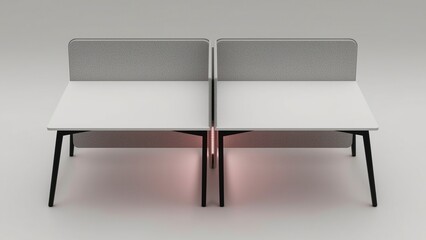 Dual person shared workstation with privacy screens, synchronized under desk lighting, and centralized cable spine in modern tech hub