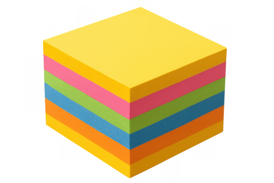 Colorful sticky notes forming a cube on a transparent background, ideal for reminders and organization