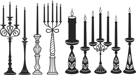 Black Line Candle Icons Set including Flat Decorative Wax Flame and Spiritual Light Symbol Collection with Minimal Candle Icon Group for UI Holiday Web Celebration and Wellness Projects