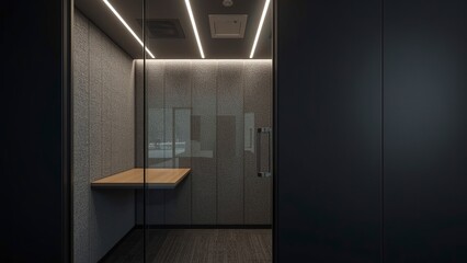 Private phone booth pod with interior LED strip lighting, ventilation system, and built in desk for quiet calls in open plan workspace