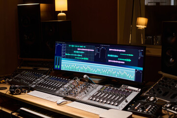 Professional audio mixing console with large monitor displaying digital audio workstation interface...