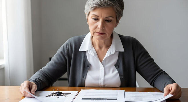 Senior woman signing documents at desk under warm light. Keys beside contract symbolize real estate, rental, or legal agreement. Calm setting, focused expression, professional environment.