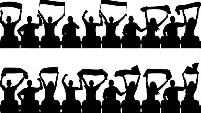 Silhouette illustration showing a group of people cheering with banners sitting in stadium seats