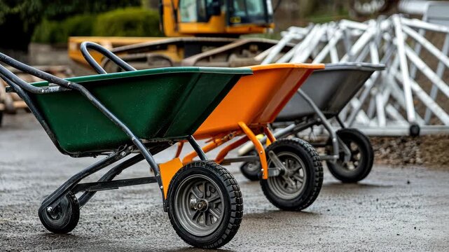 Brightly colored wheelbarrows await use at a busy construction site while machinery operates in the background