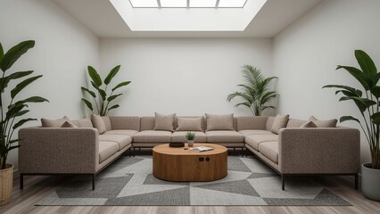 Modern office lounge with low profile modular sofa, tech charging hub, and statement area rug under skylight with plant accents