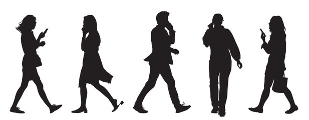 Silhouettes of businessman and women talking on phones. Full length. Side view. Black items isolated on white background. Vector illustration.