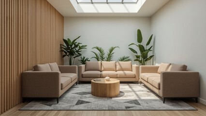 Modern office lounge with low profile modular sofa, tech charging hub, and statement area rug under skylight with plant accents