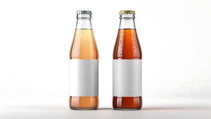 Two glass bottles amber and peach colored beverages
