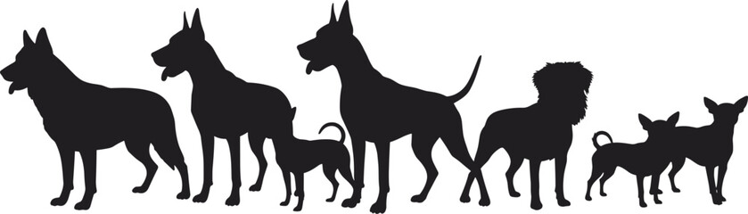 Variety of Dog Silhouettes: Diverse Canine Breeds in Various Sizes and Poses, Ideal for Pet Care, Animal Education, and Veterinary Clinic Graphics.