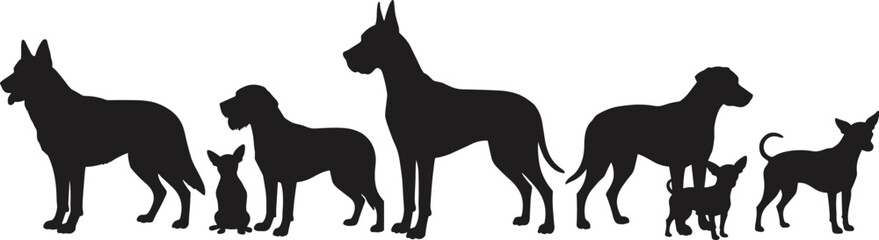Variety of Dog Silhouettes: Diverse Canine Breeds in Various Sizes and Poses, Ideal for Pet Care, Animal Education, and Veterinary Clinic Graphics.