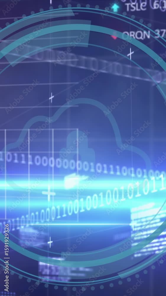Poster animation of computer language, binary codes, trading boards, graphs, padlock in cloud