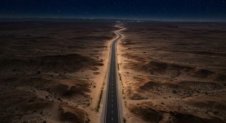 Long road cutting through dark desert terrain, ideal for album covers, blog headers, or film-inspired visuals.