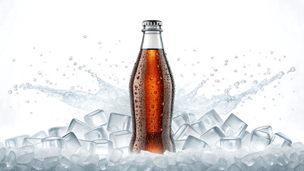 Amber beverage bottle condensation ice splash ice cubes