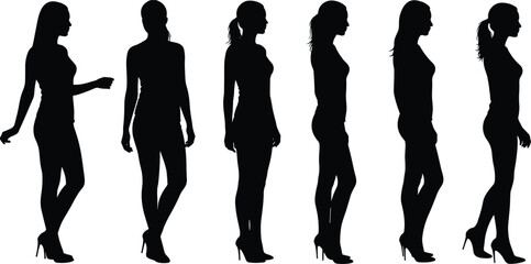 Female Silhouettes in Various Poses: Elegant Women Standing, Walking, and Pointing, Ideal for Fashion, Beauty, Business, and Diverse Representation Concepts.