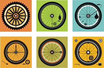 A set of bicycle wheel icons in different colors.