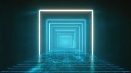 Futuristic glowing blue neon tunnel with grid floor and digital light frames, geometric square shapes, reflective tiled floor, virtual space depth - Powered by Adobe