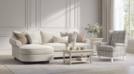 Light beige sectional sofa and wingback chair set in a living room.