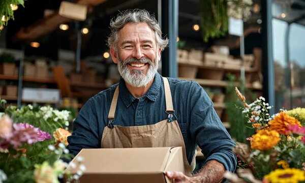 Smiling man delivering fresh flowers in a vibrant urban flower shop setting