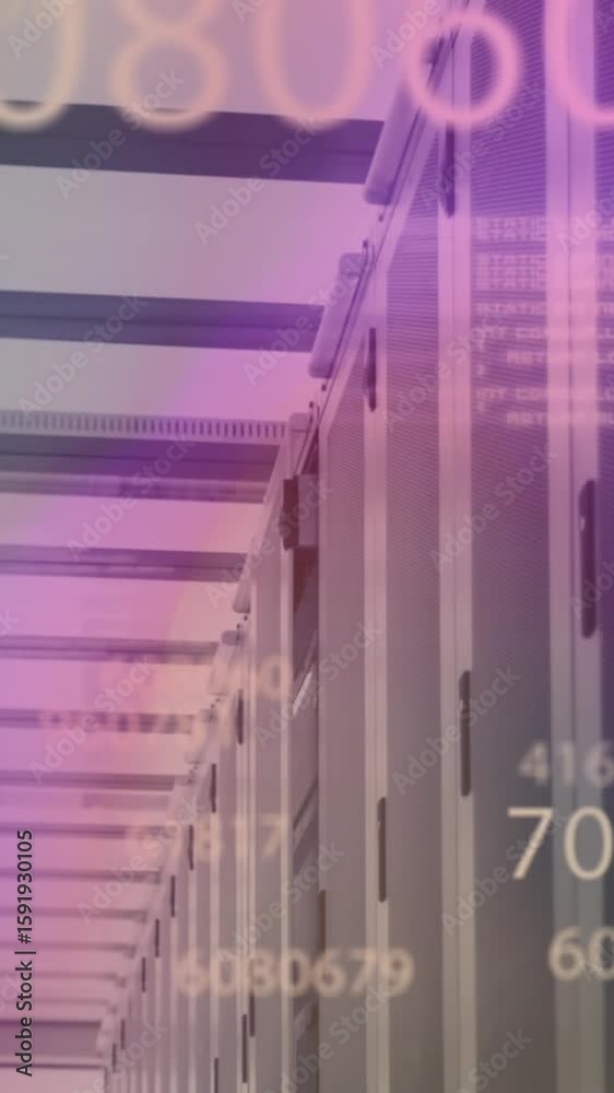 Poster animation of changing numbers and computer language over server room