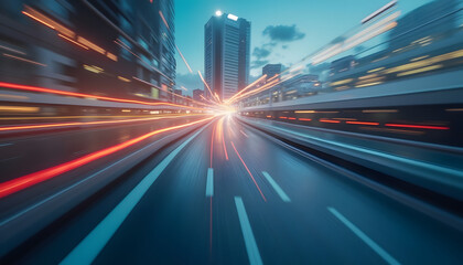 Fototapeta premium Motion blur of car lights streaks down a city street at night, with skyscrapers and a bridge in the background.
