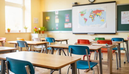 Bright classroom ready for new academic year, educational environment