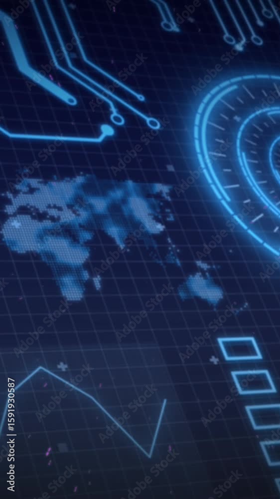 Poster animation of graphs, loading circles, map, globe and circuit board pattern over black background
