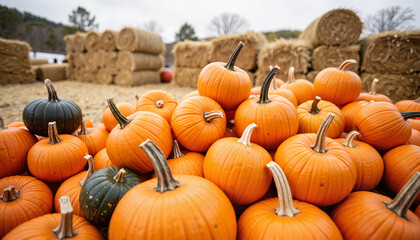 Assorted pumpkins at outdoor farmer's market, fall harvest season