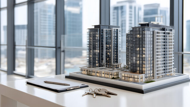 Residential architecture model on table representing real estate development and design with home ownership key