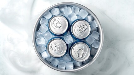 Blue soda cans in ice drinks beverages