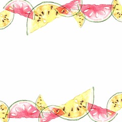 Fruit dessert. Watercolor square banner for social media with borders of yellow and red watermelon pieces on white background. Hand drawn illustration for your design