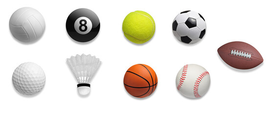 variety of sport balls and equipment on transparent background.