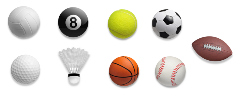 variety of sport balls and equipment on transparent background.