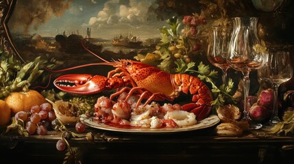 Still life of cooked lobster, fruit, and wine glasses on a table before a landscape painting.