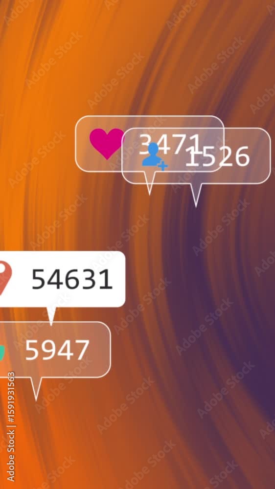 Poster animation of icons and changing numbers in notification bars over abstract background