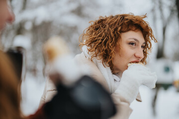 Two friends are sharing a delicate moment in snowy weather, joyfully eating outdoors.