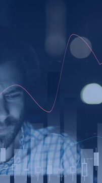 Animation of multiple graphs moving over stressed caucasian businessman working late in office