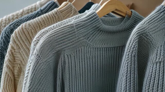 A collection of cozy sweaters hangs neatly on wooden hangers, displaying various patterns and textures in a vibrant shop environment