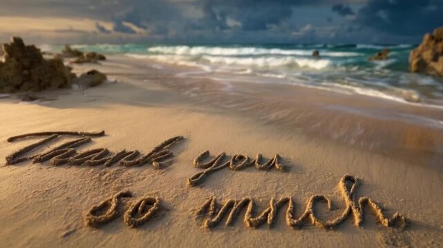 Thank you so much written in sand with ocean waves at sunset
