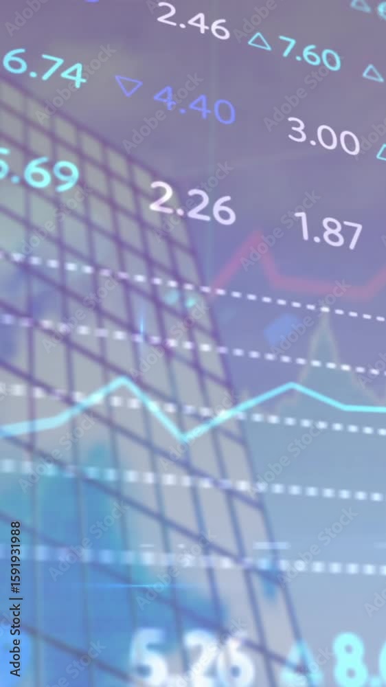 Wall mural animation of graphs and trading board over low angle view of building against cloudy sky