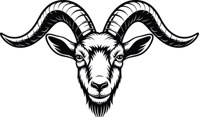 A strong monochrome ram head features large spiraling horns, ideal for logos or graphic designs displaying power and resilience.