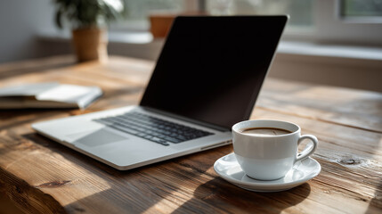 Modern home office setup featuring a laptop and coffee on a wooden table 