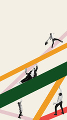 Creative digital artwork with suited workers climbing and sliding on angled lines in dynamic...