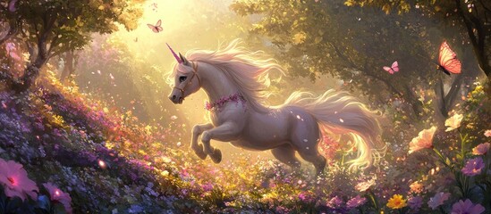 Magical white unicorn galloping through a sunlit enchanted forest meadow filled with colorful flowers and butterflies.