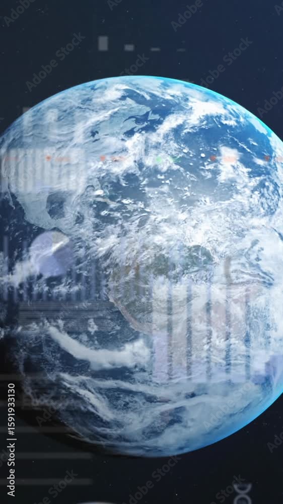 Poster animation of graphs, loading circles, changing numbers and trading board over rotating globe