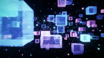 Immersive neon data tunnel, glowing cubes in 3D space, dynamic camera movement through digital matrix, radiant light pulses, futuristic atmosphere - Powered by Adobe