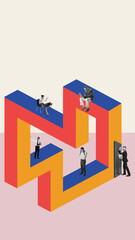 Collage of businesspeople trapped in optical illusion structure representing workplace complexity....