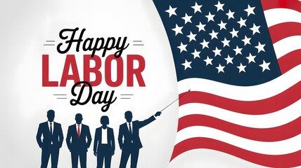 Labor Day Graphic Featuring Five Silhouetted Business Figures Holding American Flag with &ldquo;Happy Labor Day&rdquo; Text for Patriotic Celebration Visual Design