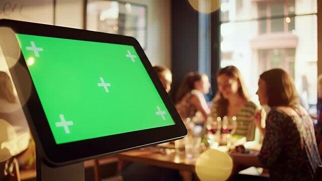 Green Screen Tablet Display in Modern Restaurant, Ideal for Digital Menu or Payment System Mockup with Blurred Diners in Background