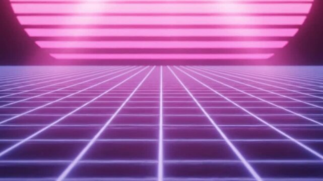 An 80sstyle grid extends into the distance beneath a neonpink semicircular pattern